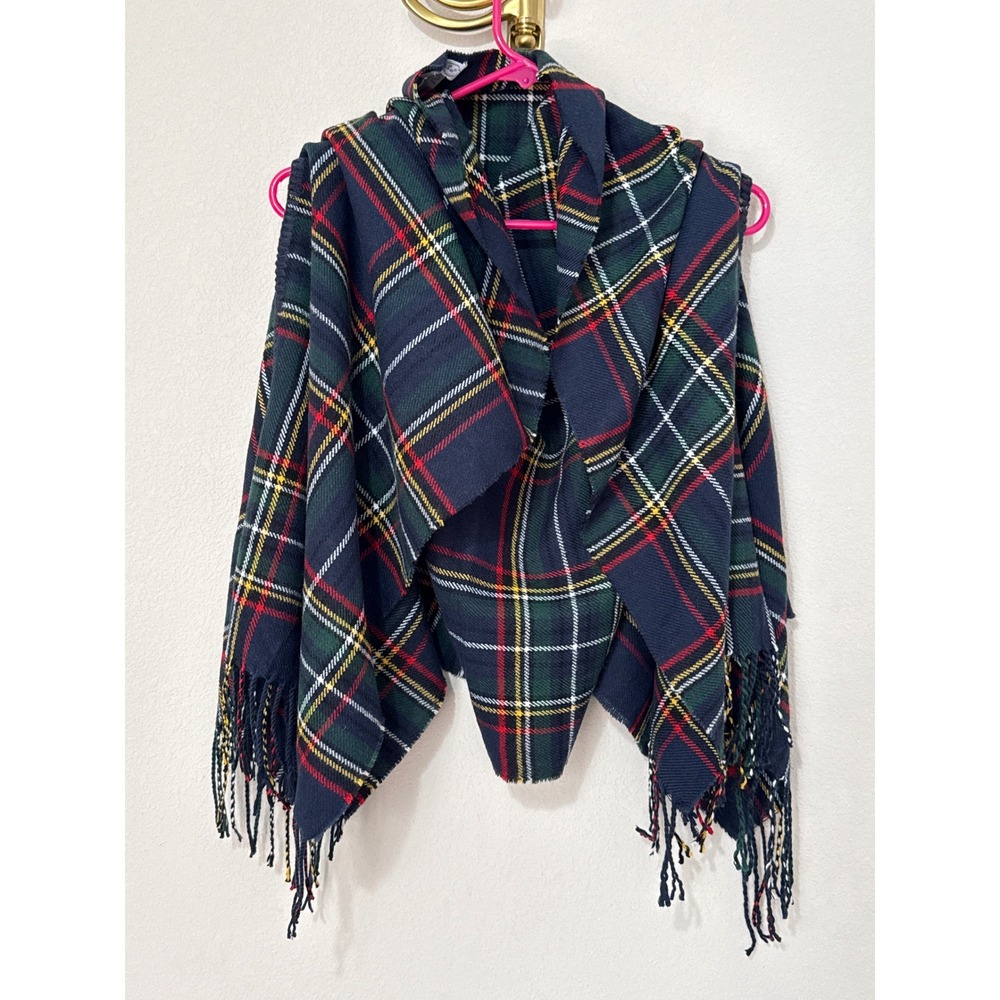 Mud Pie Scarf Wrap Women Navy Blue Plaid Fringed Acrylic Shawl Poncho